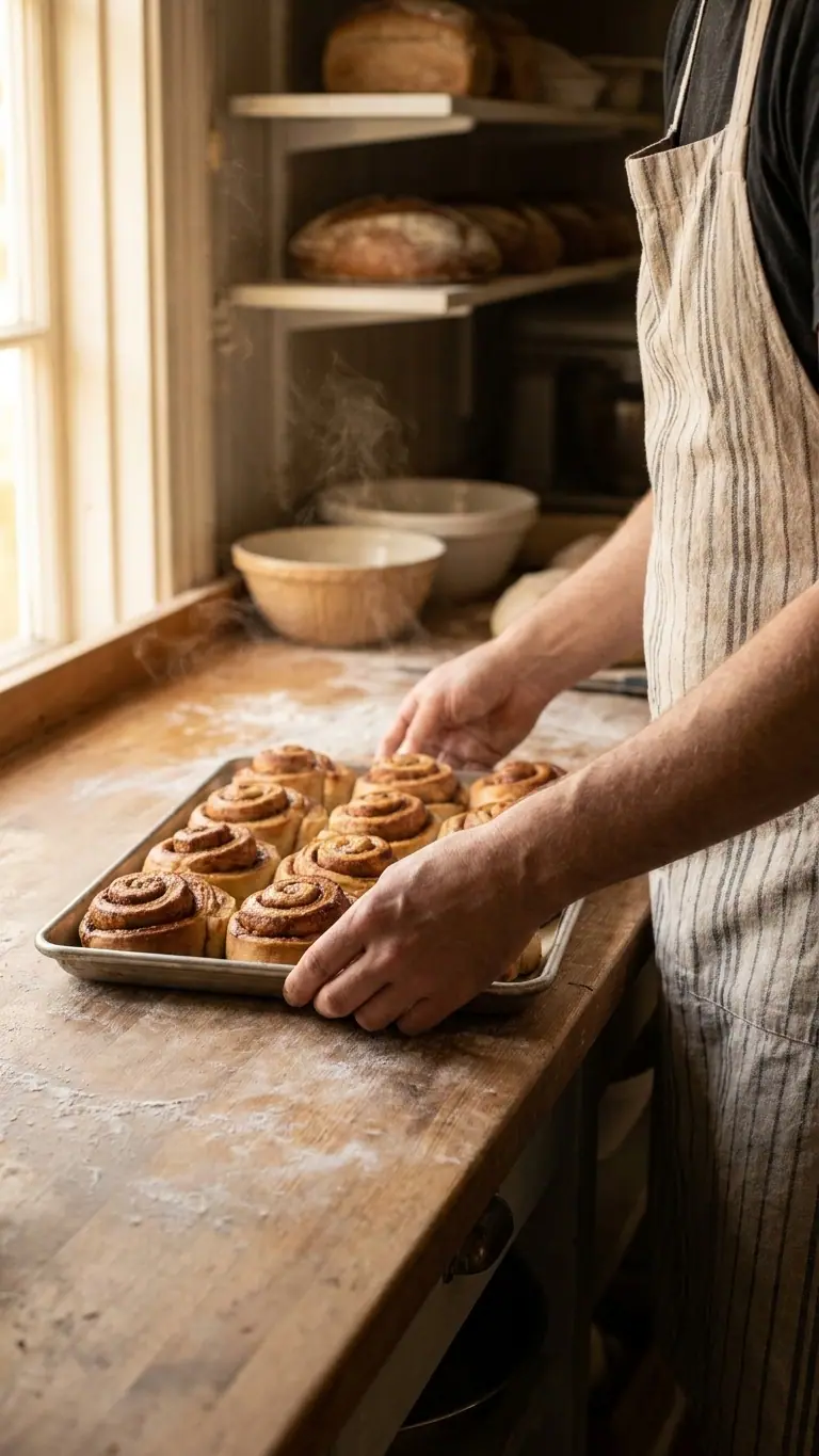 A baker setting down a tray of cinnamon buns