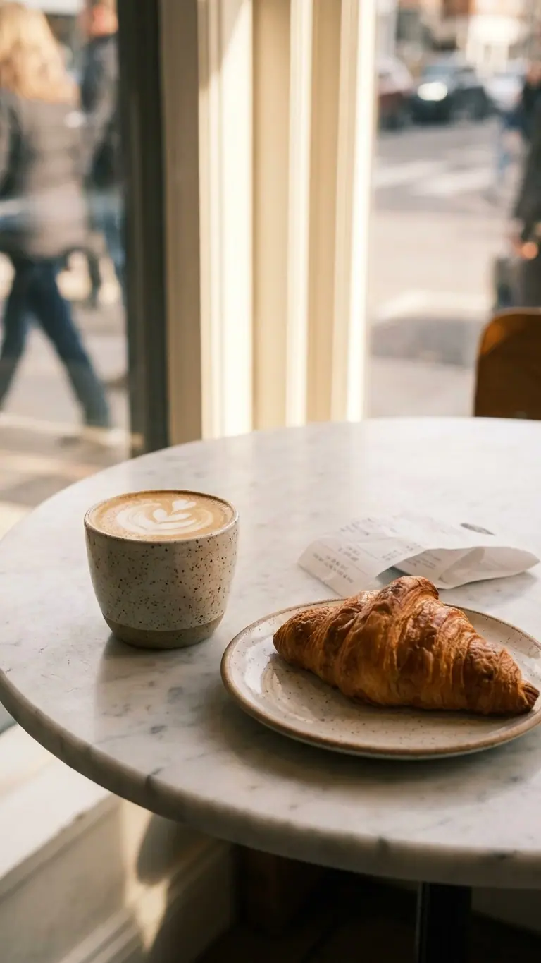 A flat white and a croissant on a marble café table