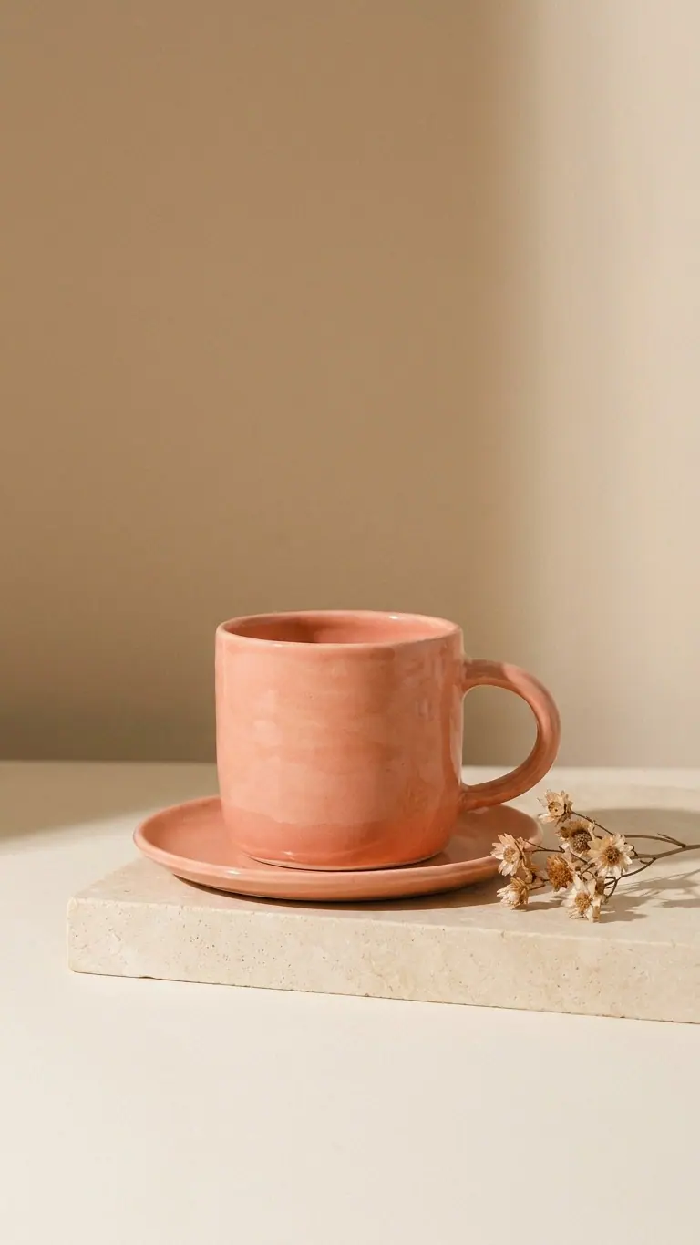 A coral ceramic mug on a stone plinth